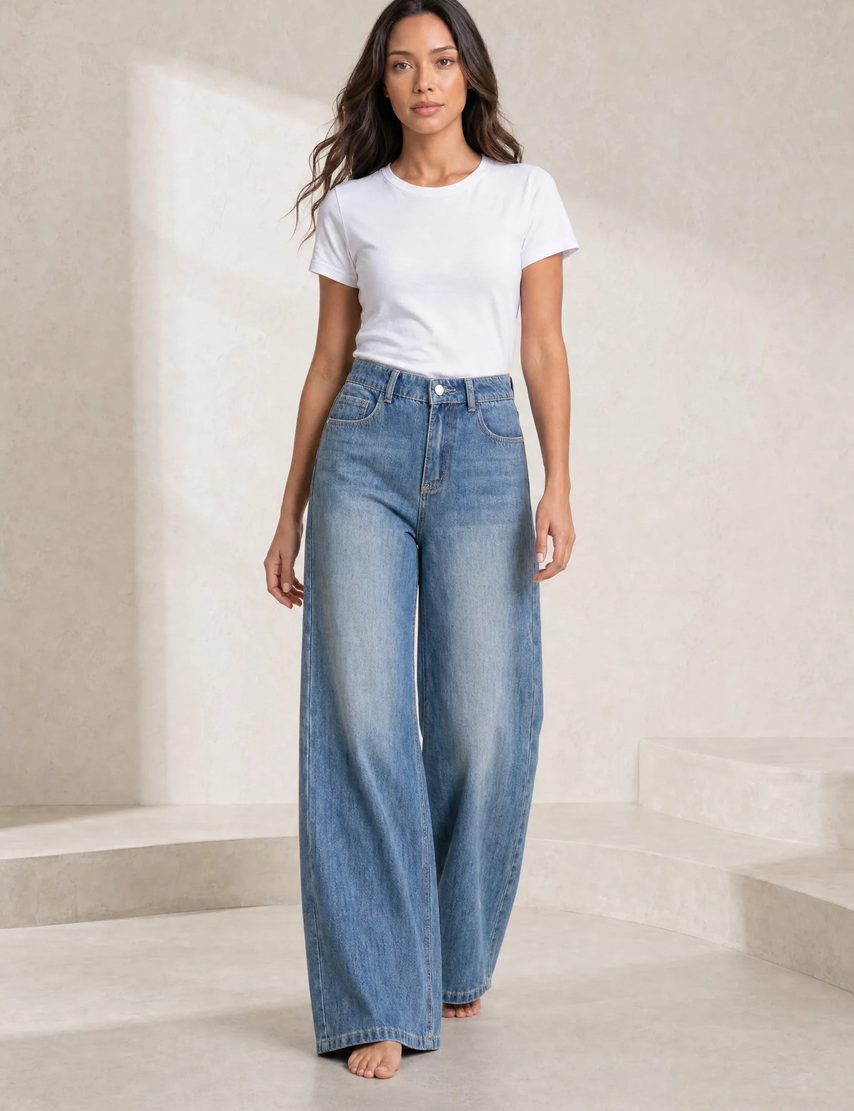 Jean bleu coupe ample taille mi-haute | Lounelle Paris