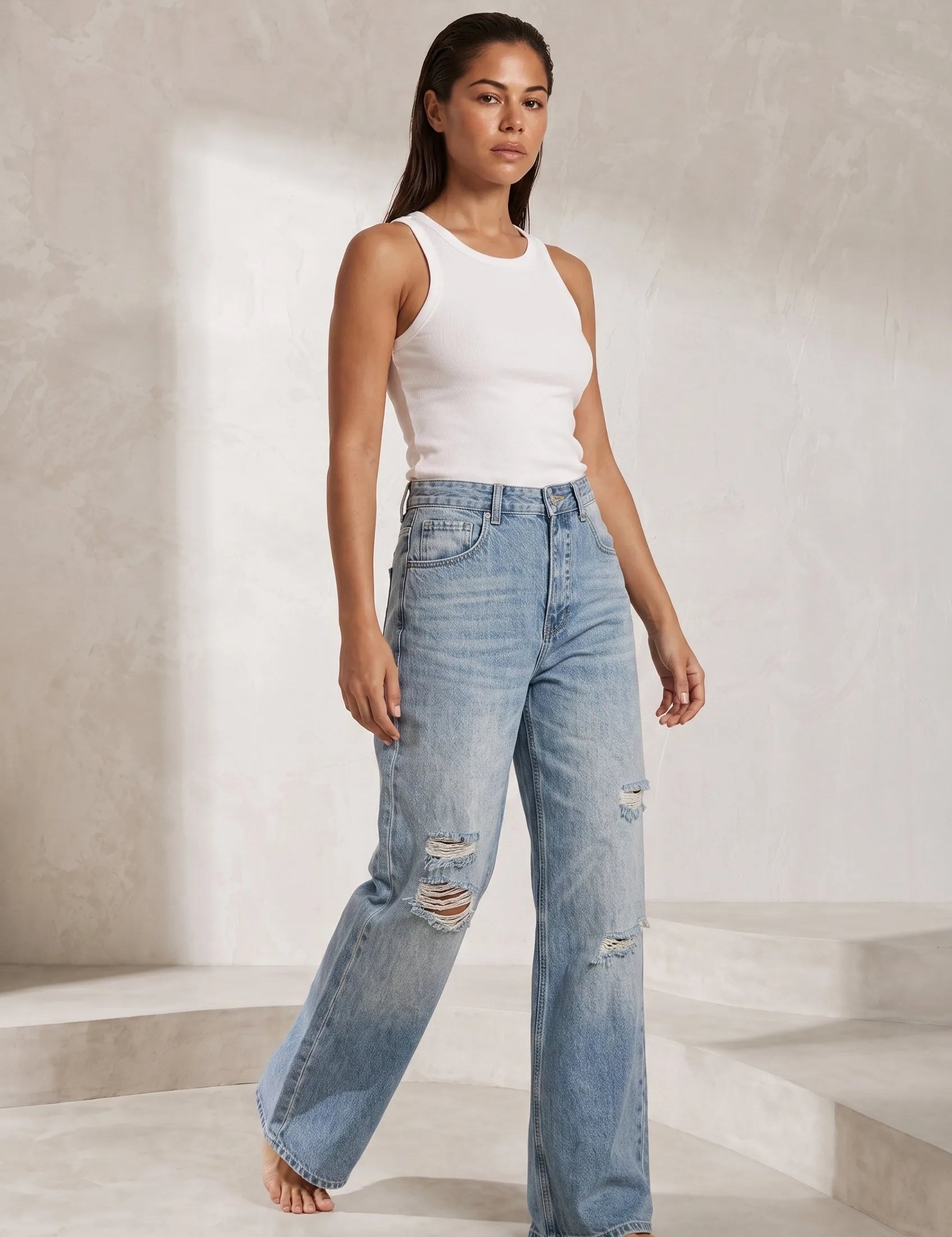 Jean bleu délavé coupe ample déchiré | Lounelle Paris