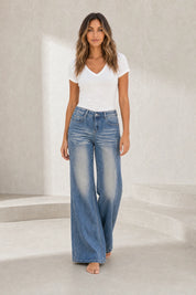 Jean bleu délavé jambe évasée | Lounelle Paris