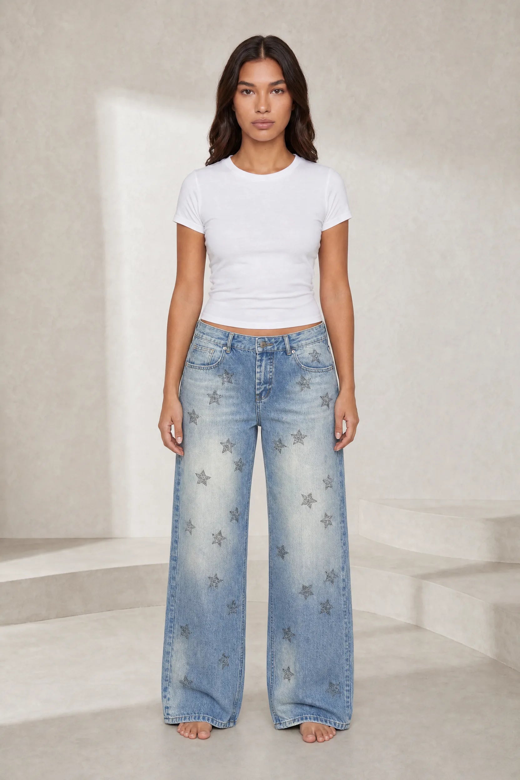 Jean bleu délavé taille basse à étoiles | Lounelle Paris