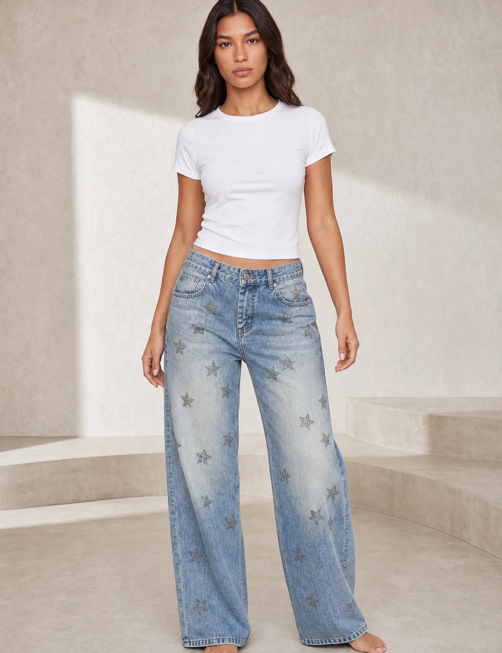 Jean bleu délavé taille basse à étoiles | Lounelle Paris