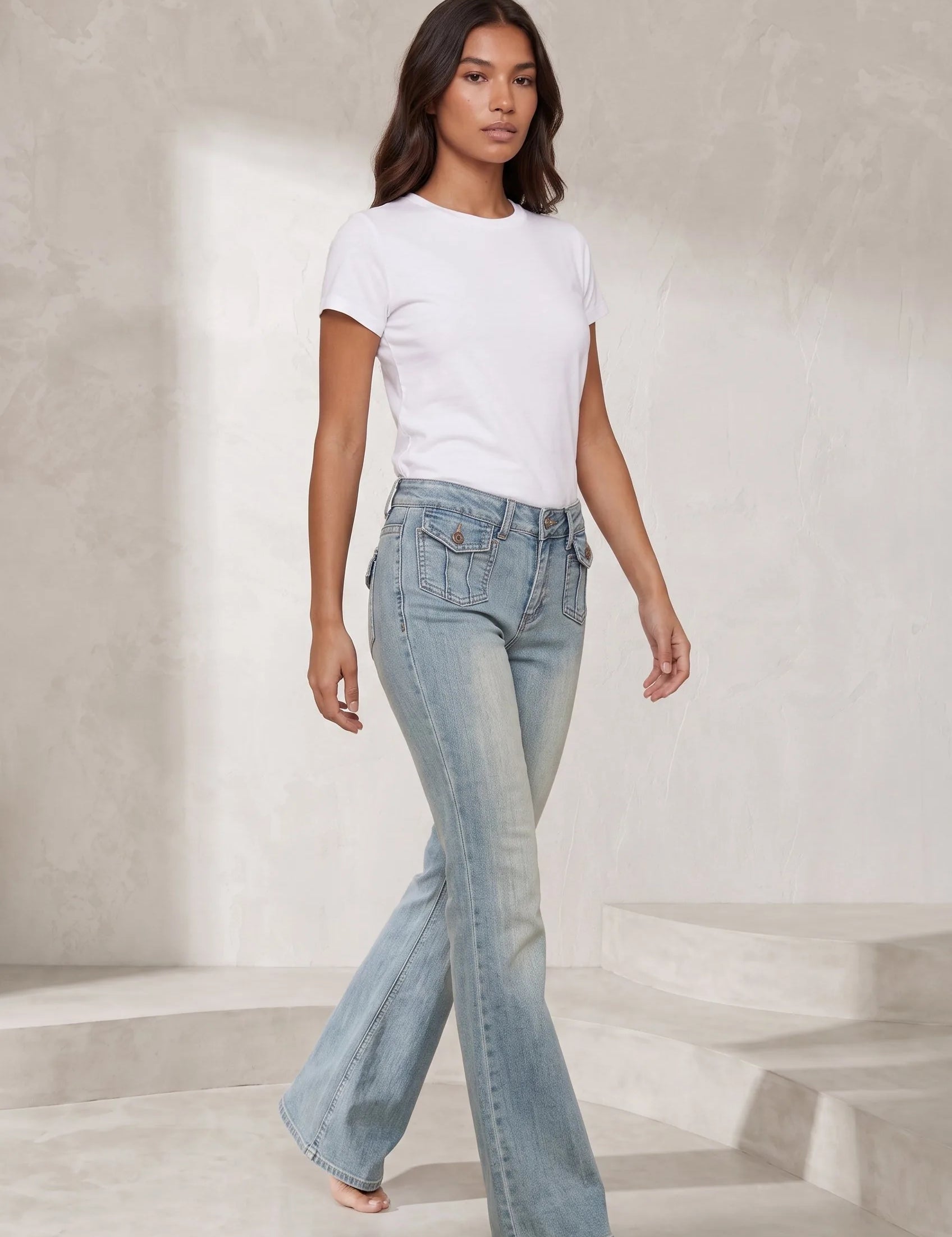 Jean bleu délavé taille basse évasé | Lounelle Paris