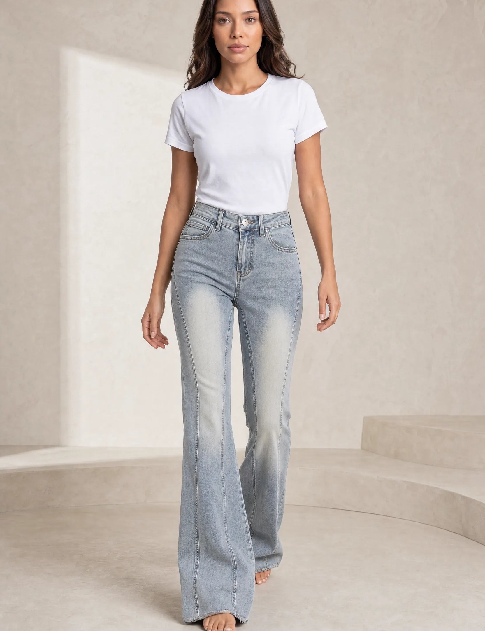 Jean bleu délavé taille haute évasé | Lounelle Paris