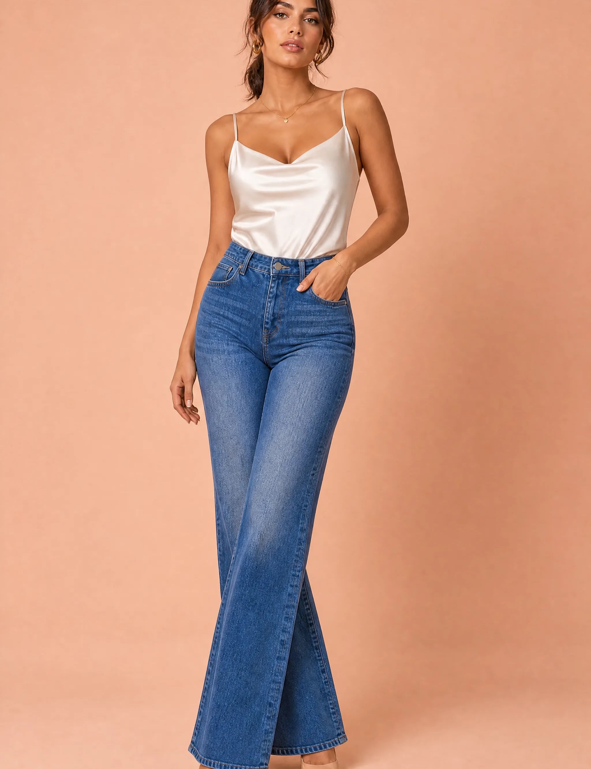 Jean bleu flare taille mi-haute | Vue de face | Lounelle Paris