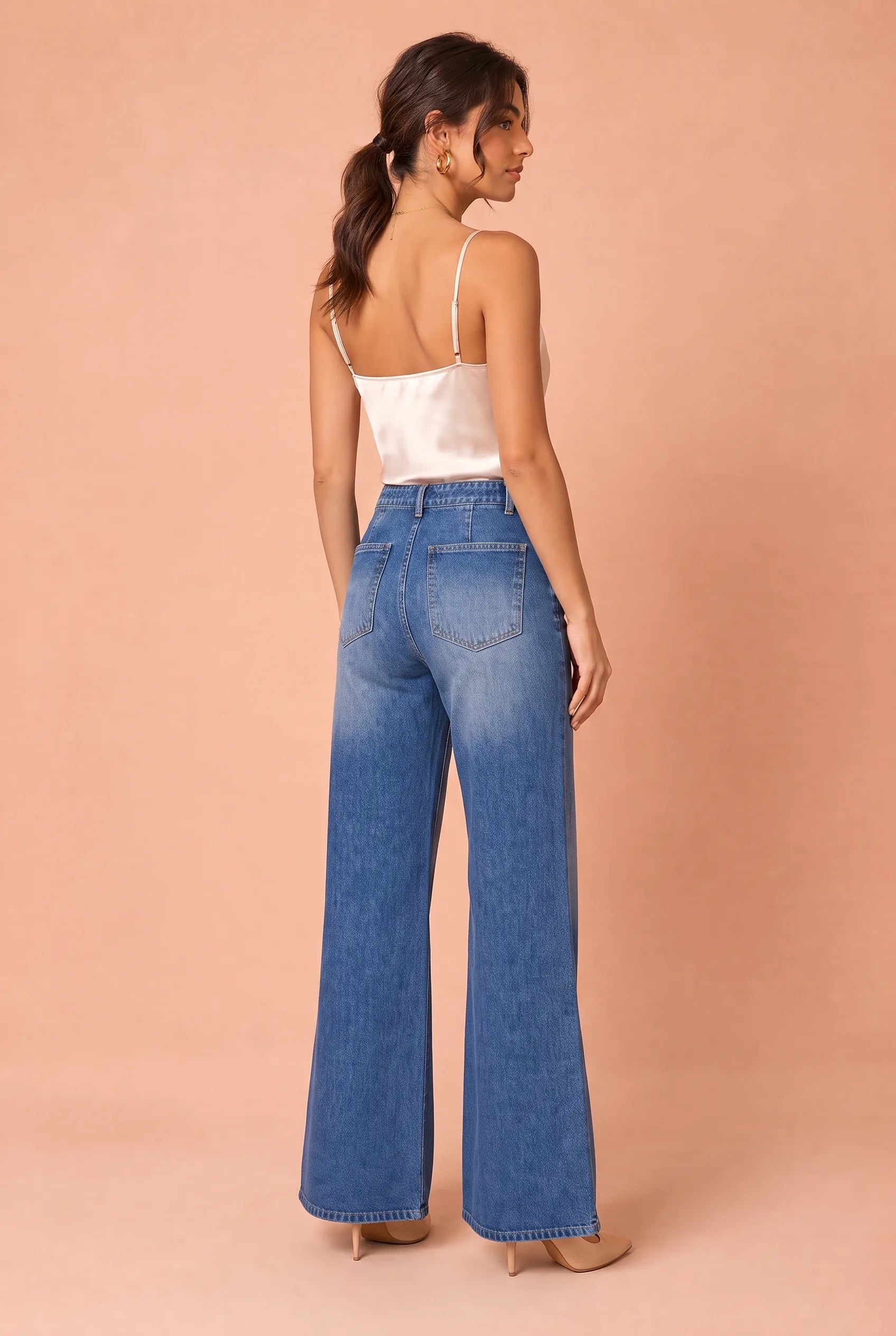 Jean bleu flare taille mi-haute | Vue de dos | Lounelle Paris