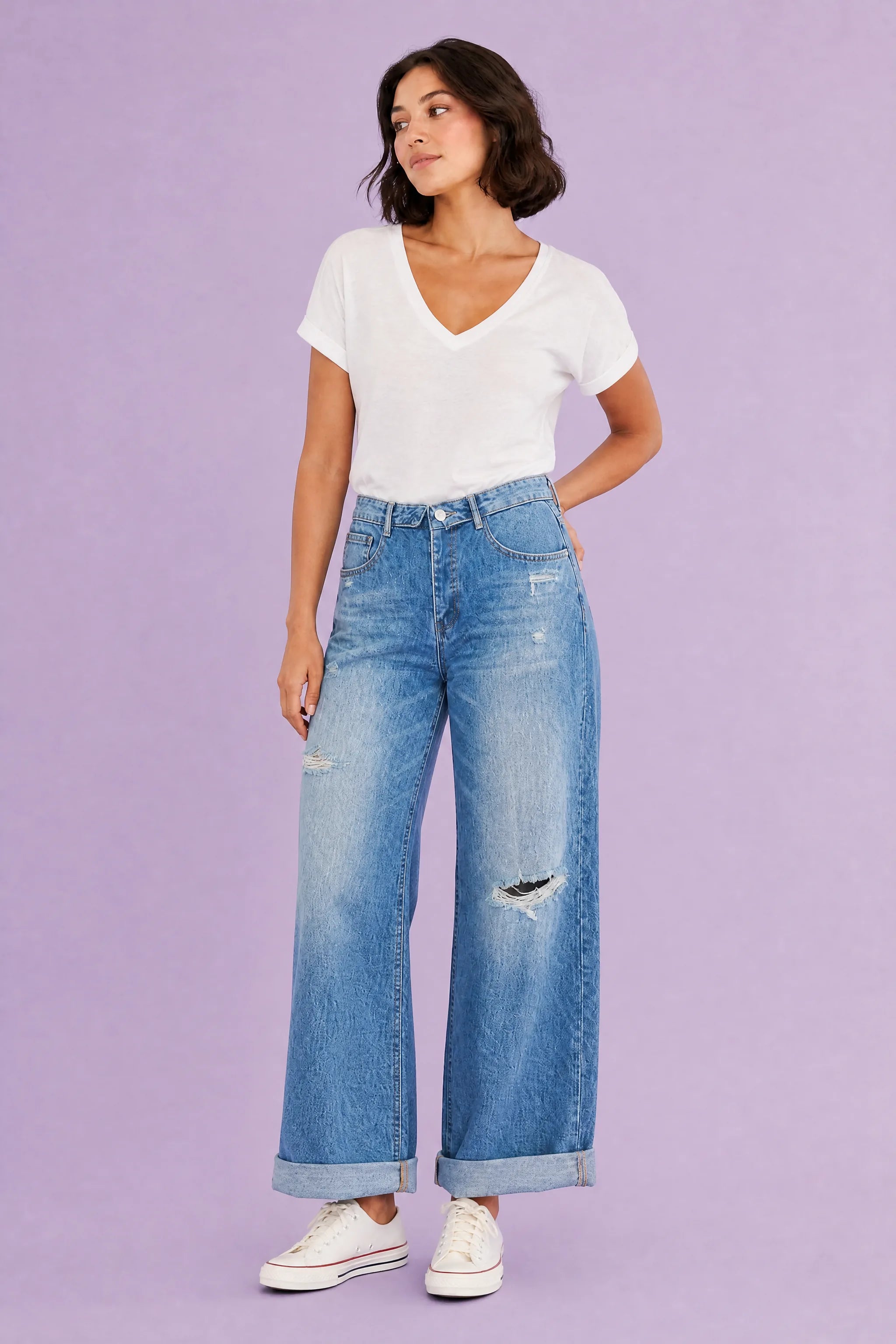 Jean bleu moyen jambe large taille repliée | Vue de dos | Lounelle Paris