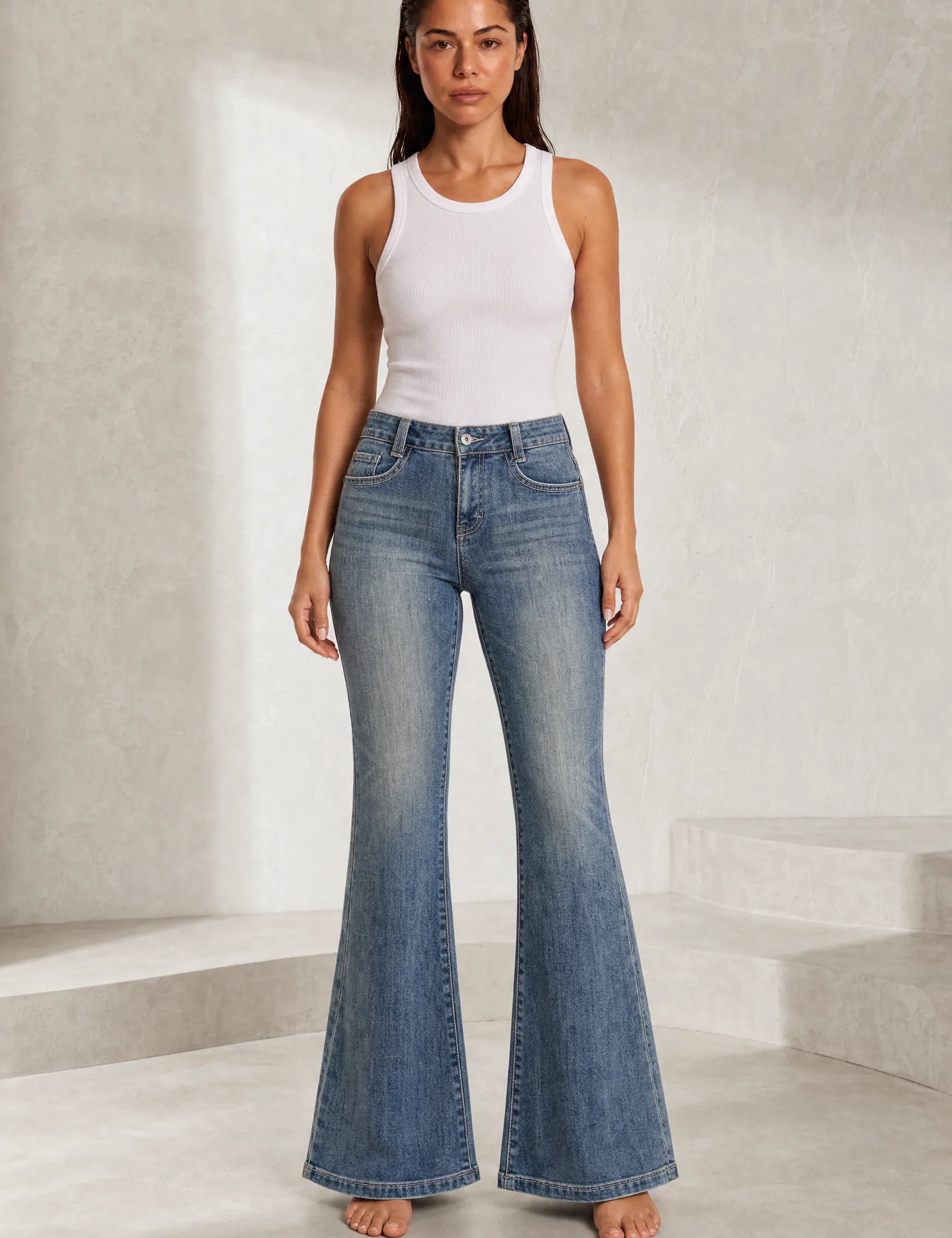 Jean bleu taille haute évasé | Lounelle Paris
