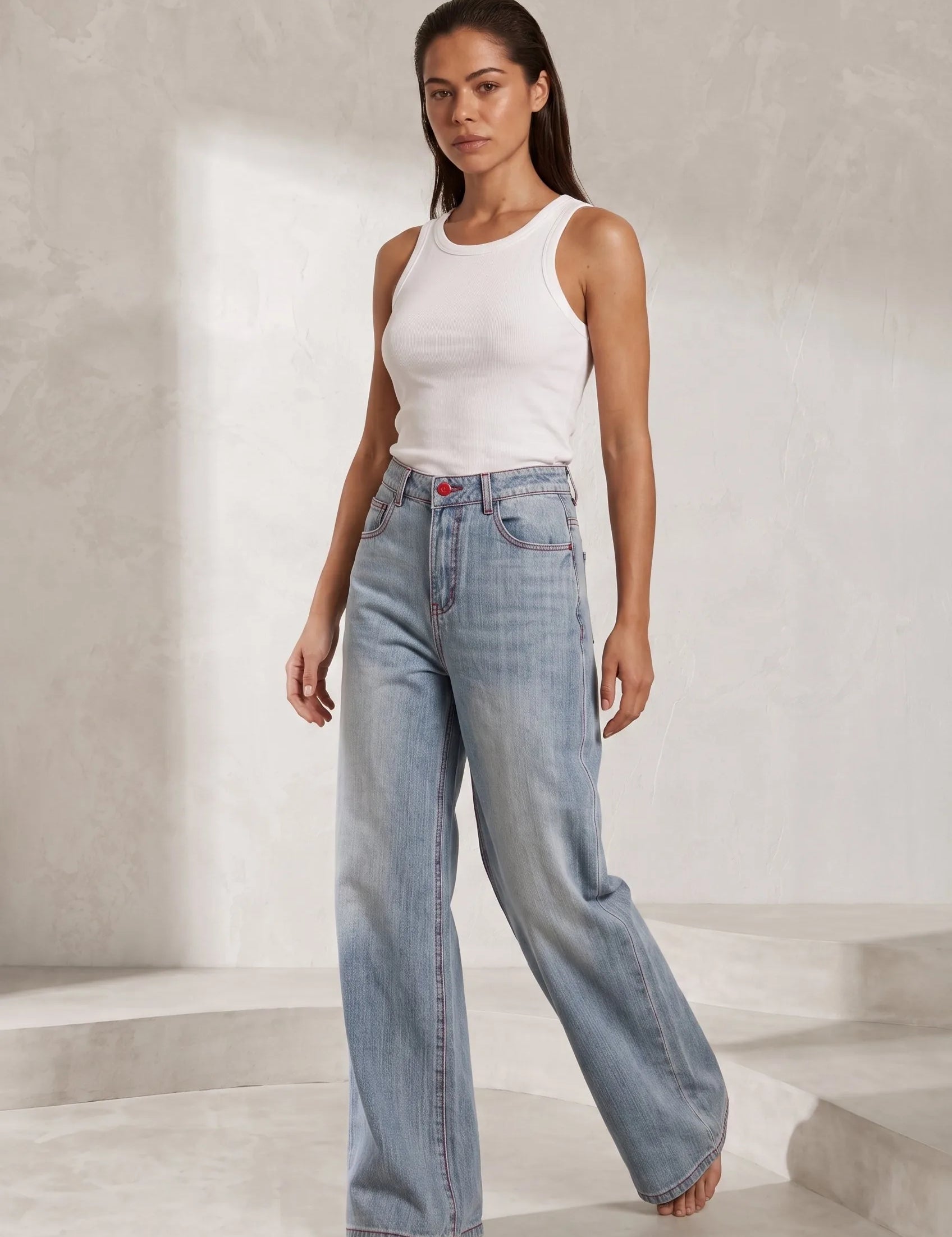 Jean bleu taille haute jambe large | Lounelle Paris