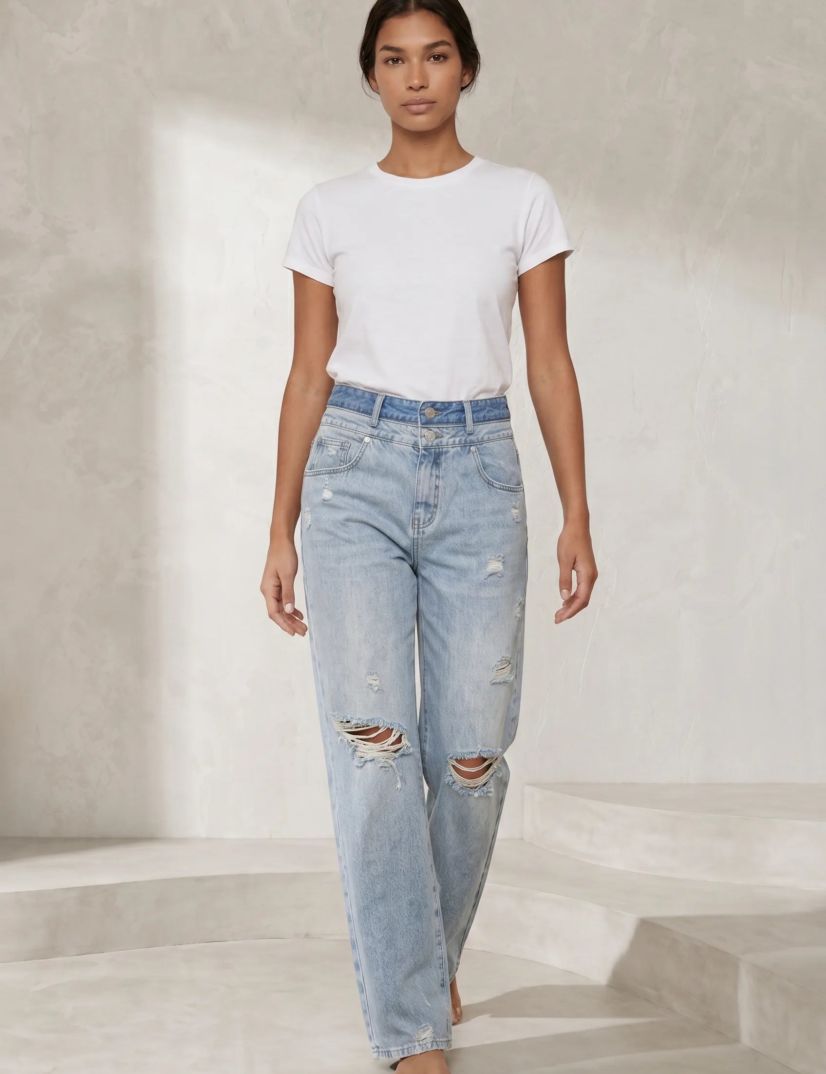 Jean droit bleu clair déchiré | Lounelle Paris