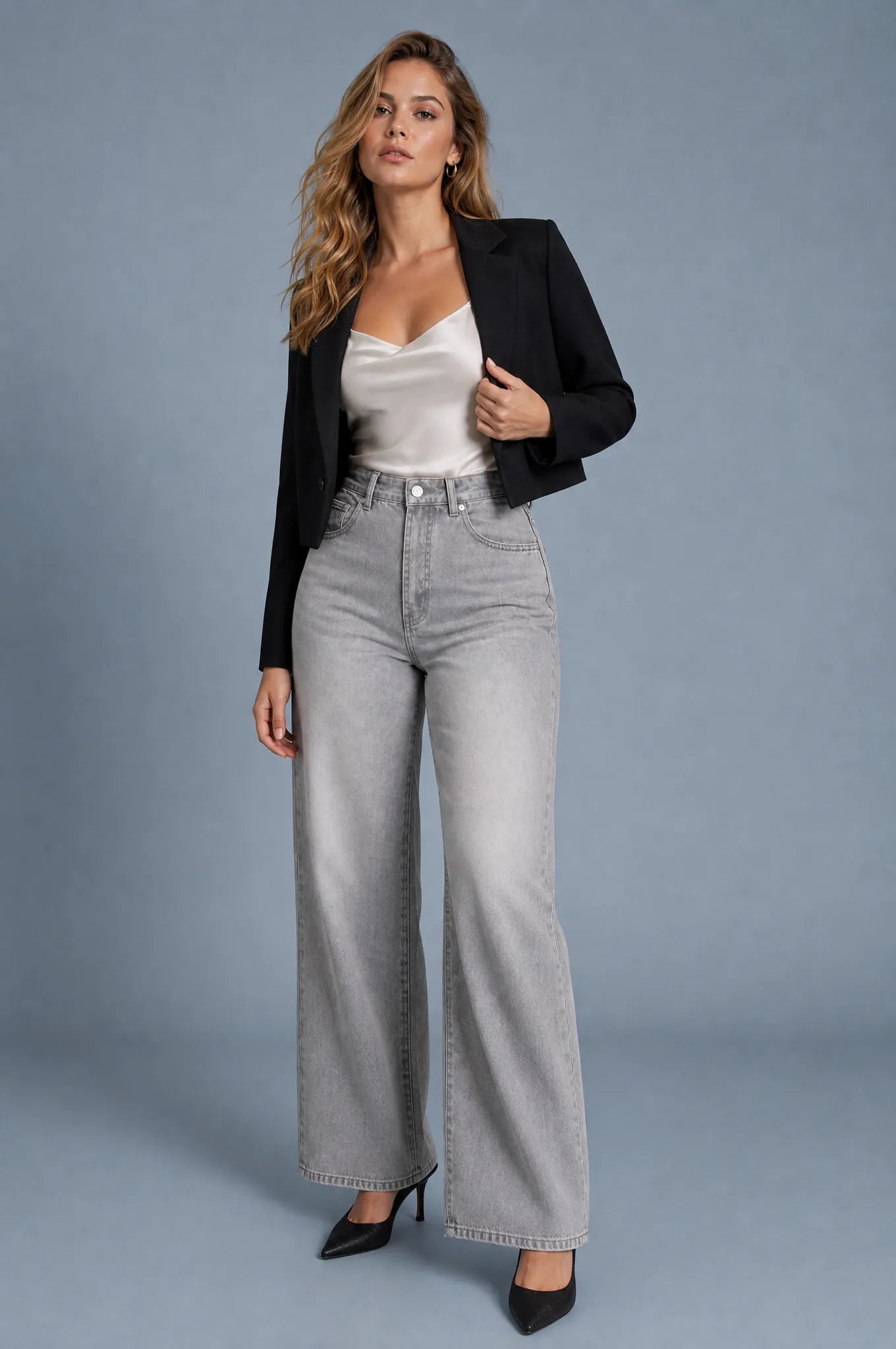 Jean taille haute jambe large | Vue de face | Lounelle Paris