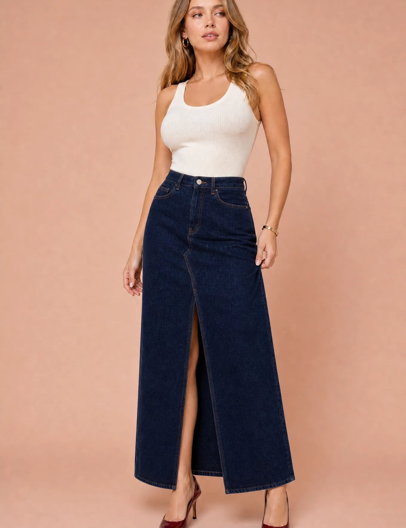 Jupe en jean longue fendue | Variante Bleu marine | Lounelle Paris