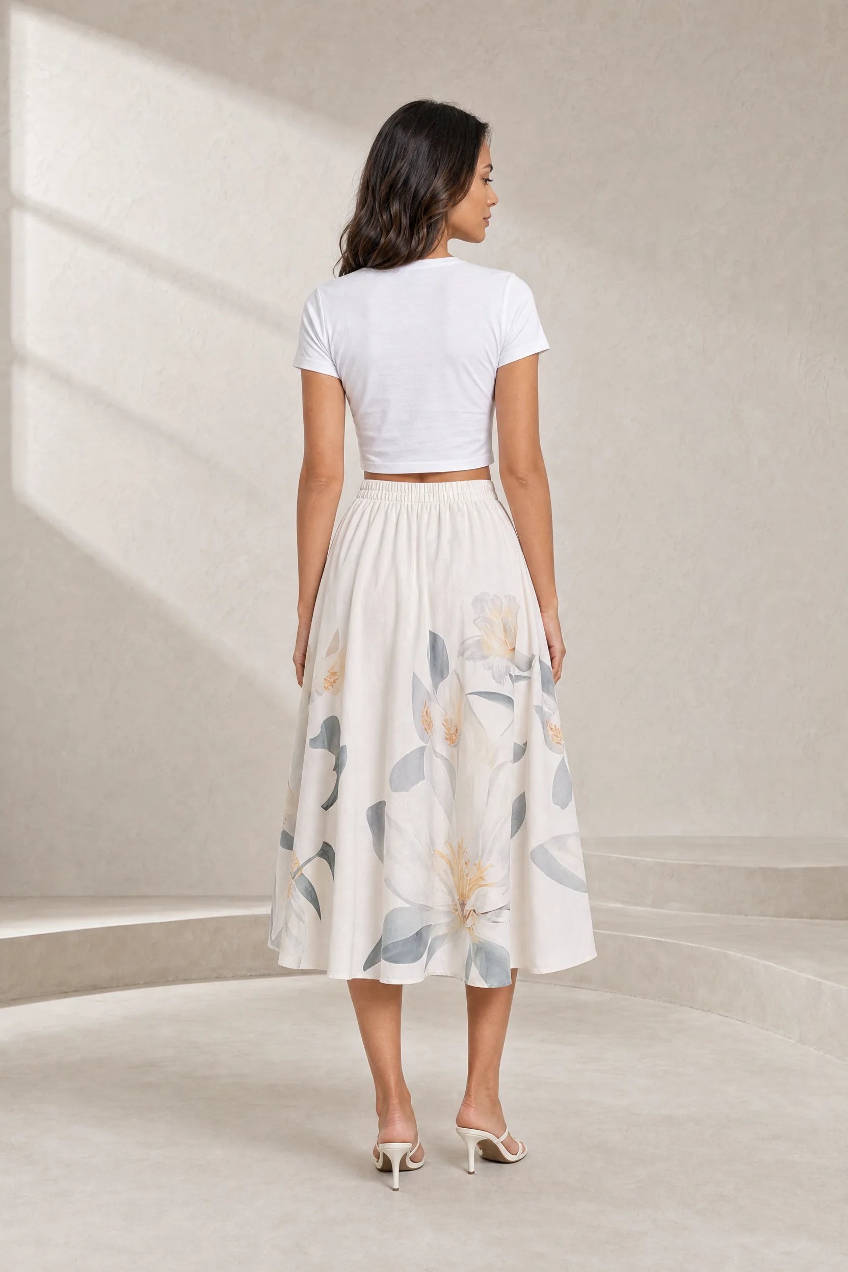 Jupe midi beige fleurie taille haute | Lounelle Paris