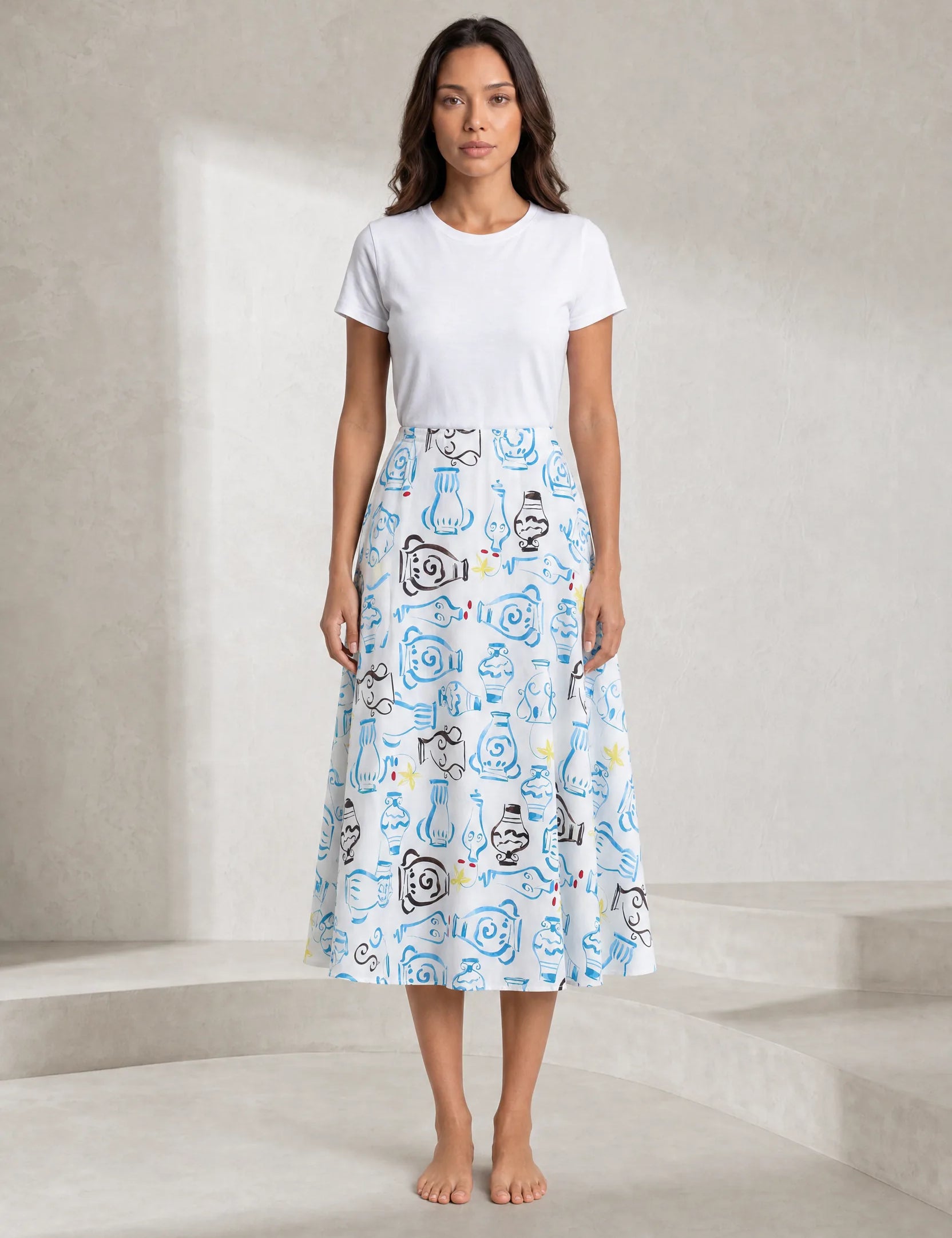 Jupe midi blanche fluide imprimée | Lounelle Paris