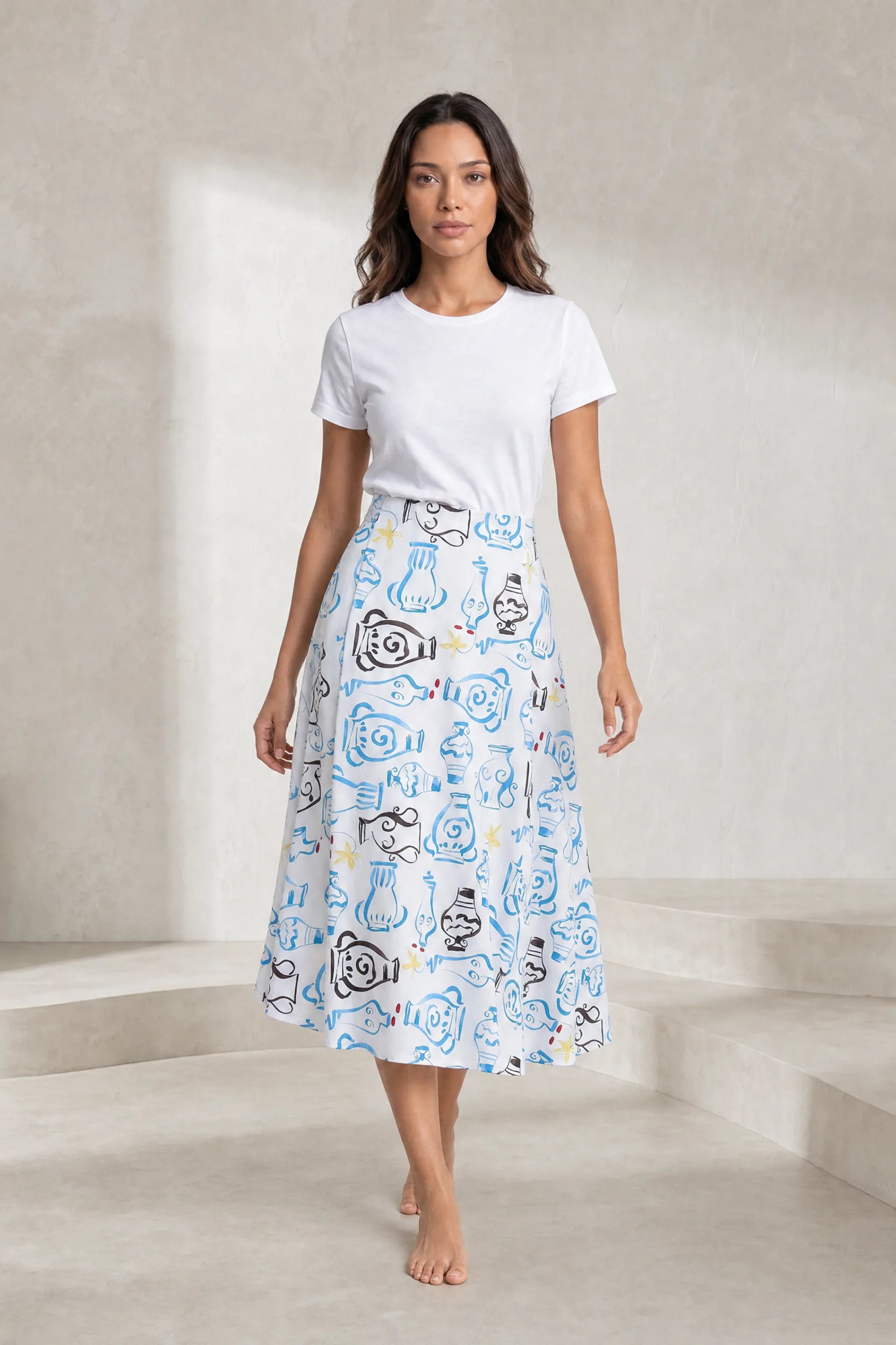 Jupe midi blanche fluide imprimée | Lounelle Paris