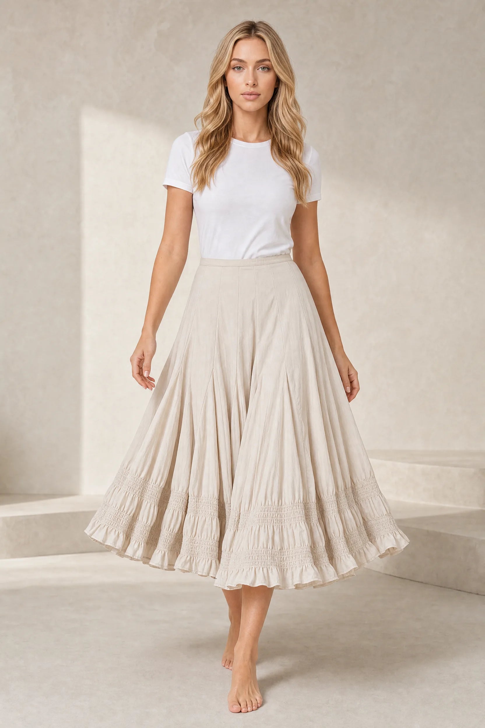 Jupe midi écrue ample à volants | Lounelle Paris