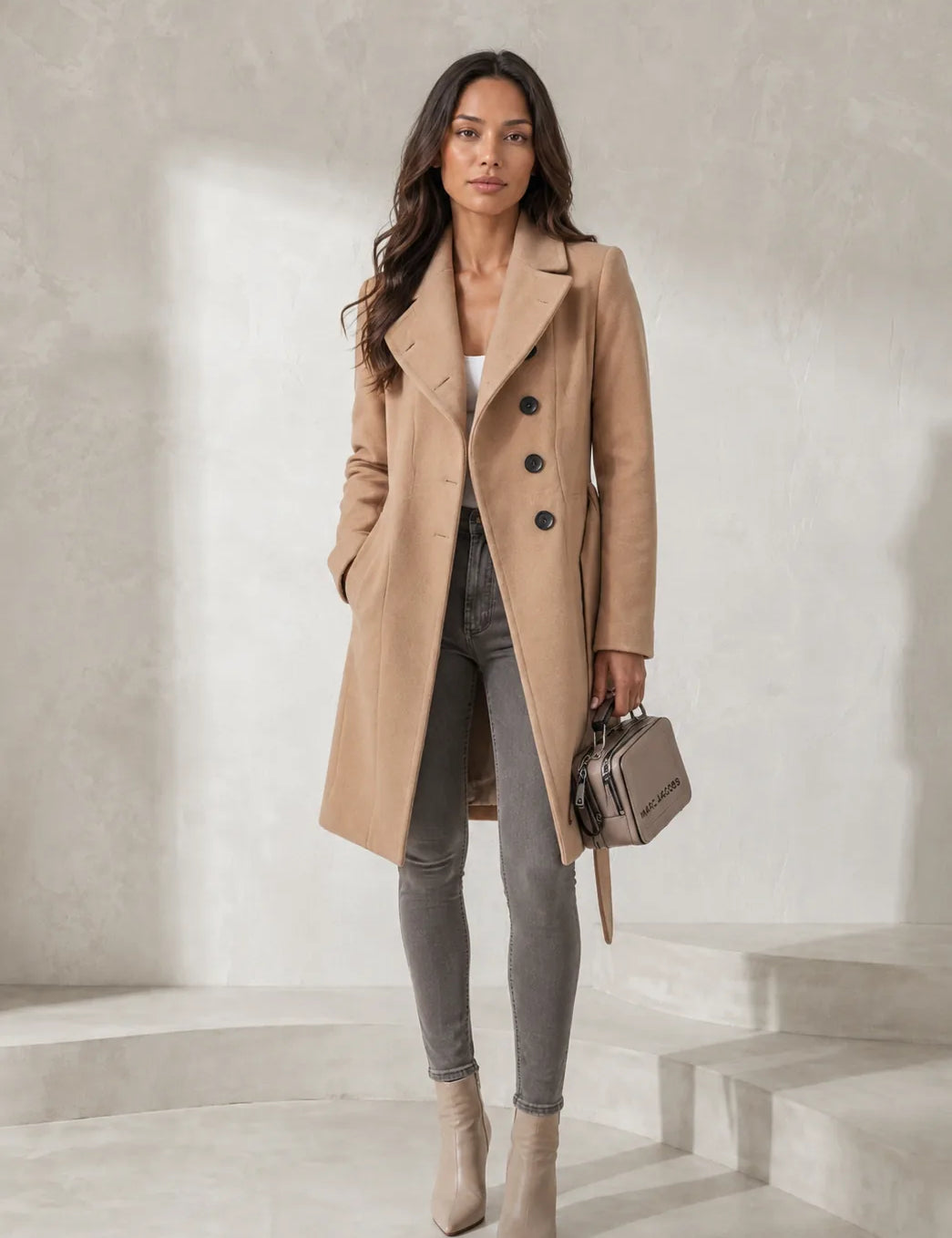 Manteau long ceinturé à col tailleur | Lounelle Paris