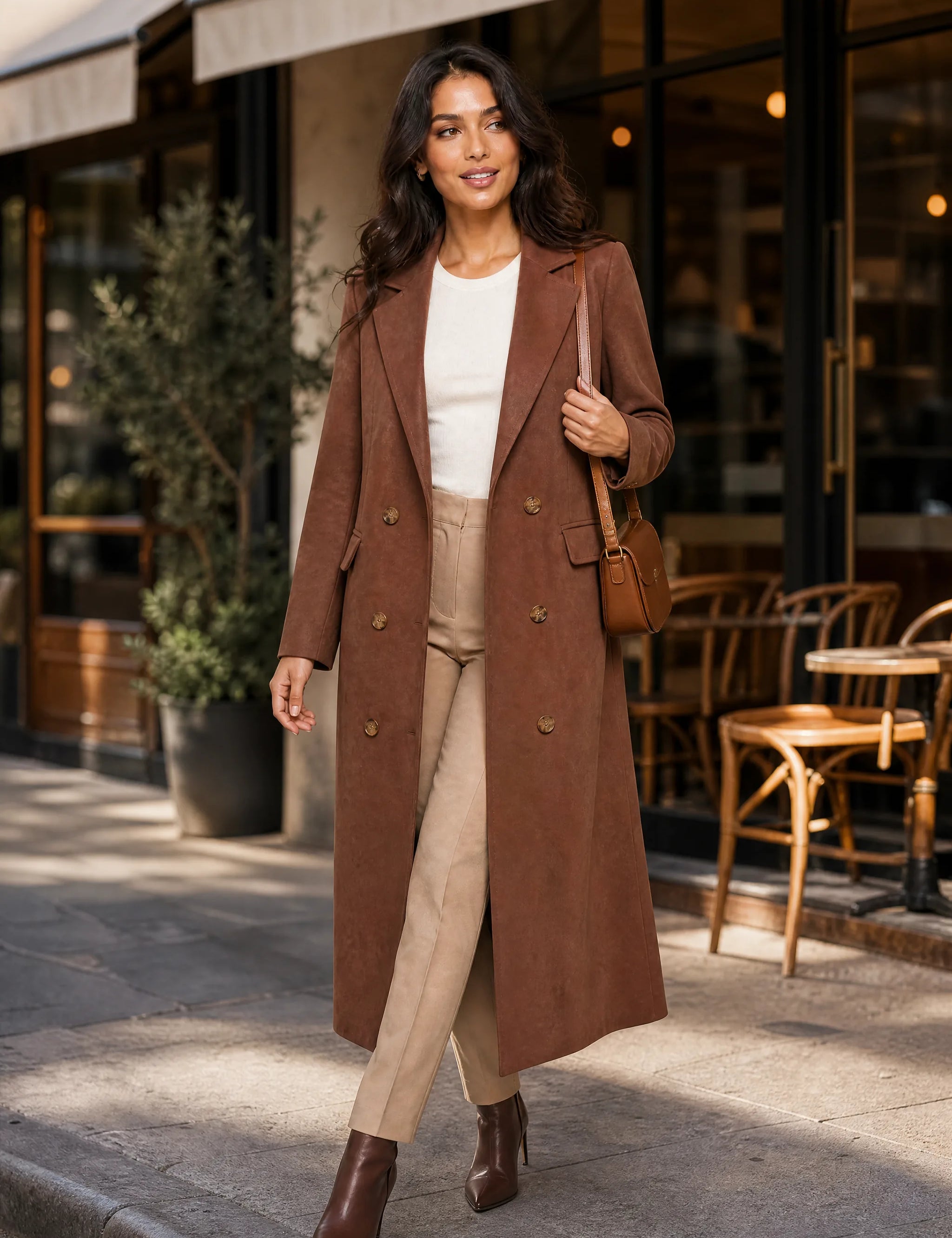 Manteau long marron effet suédine | Photo lifestyle | Lounelle Paris
