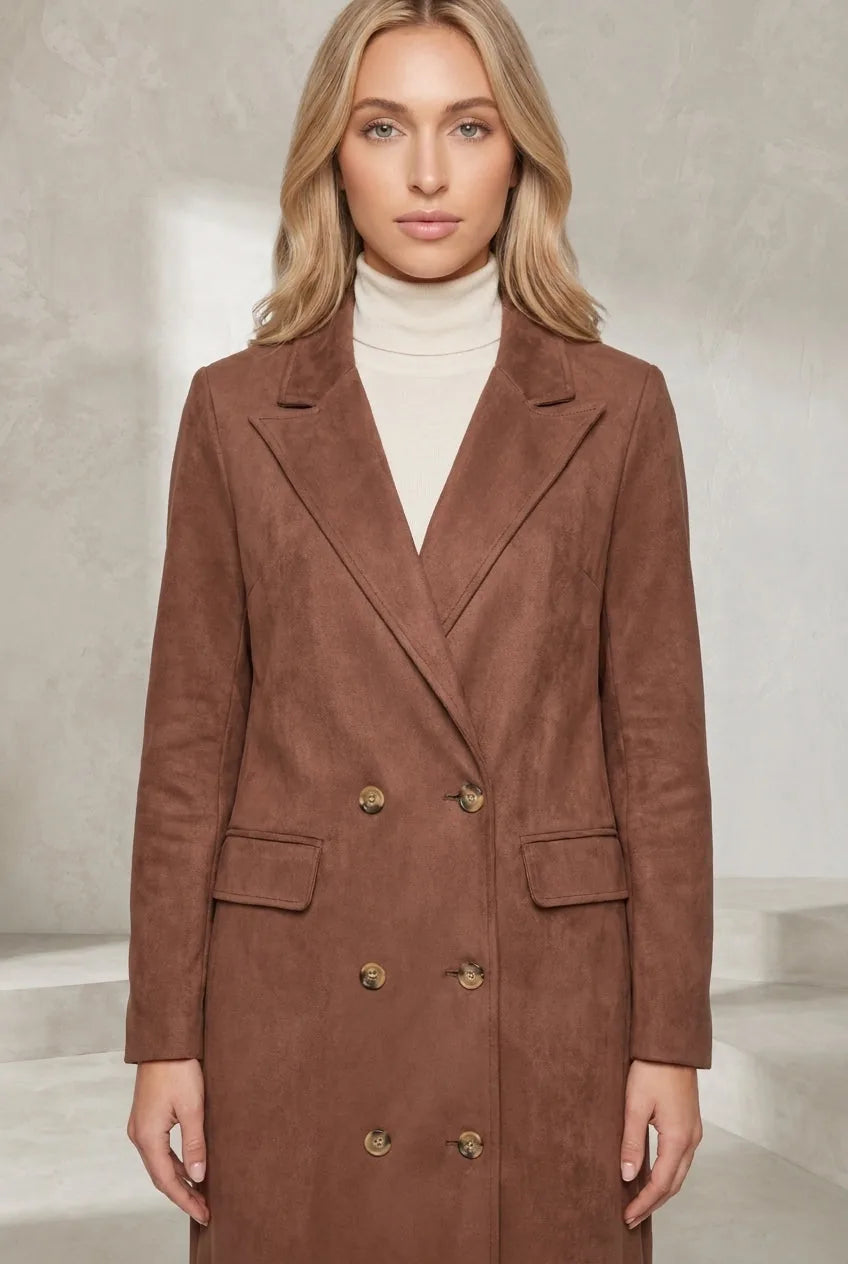 Manteau long marron effet suédine | Lounelle Paris