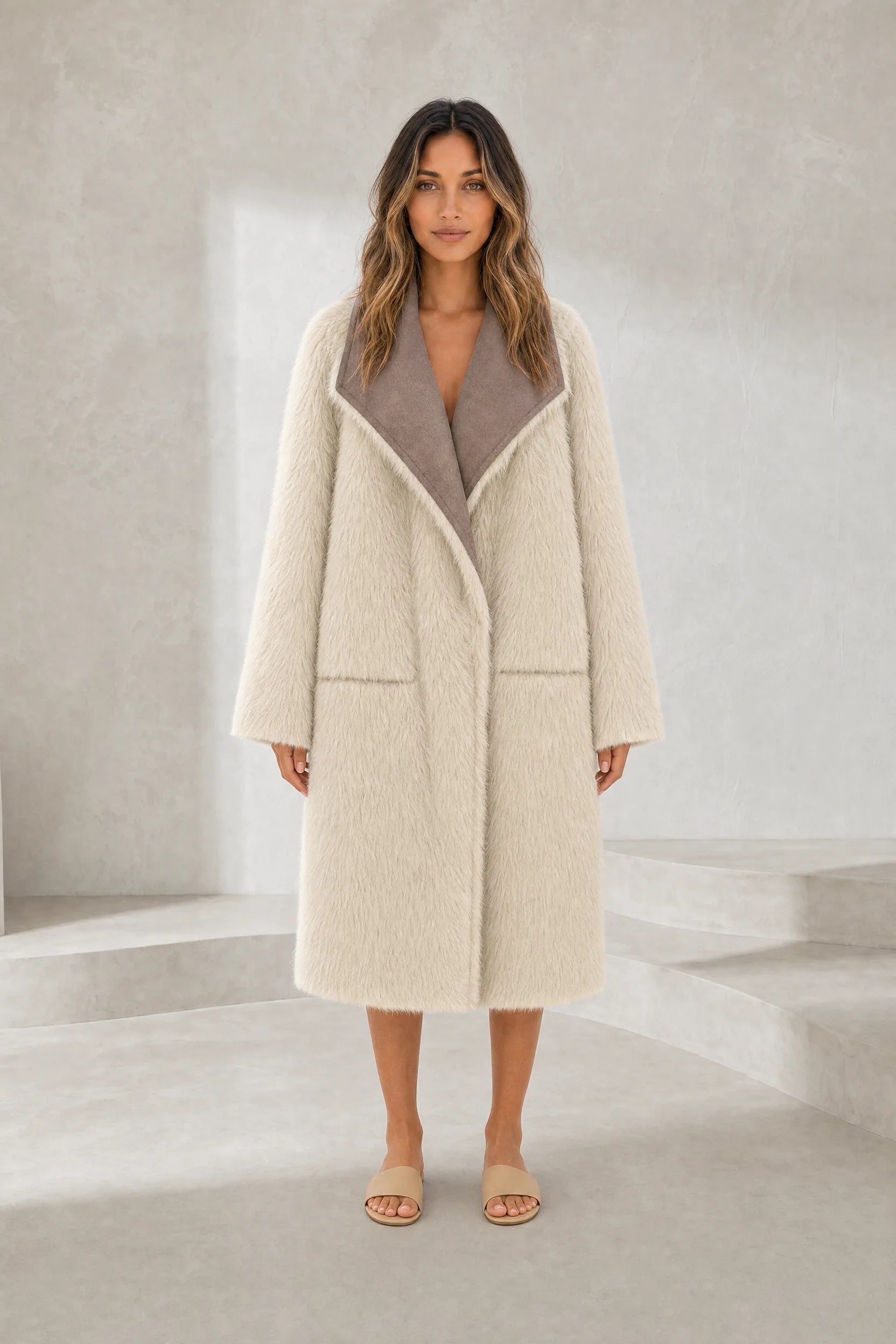 Manteau long réversible col duveteux | Lounelle Paris