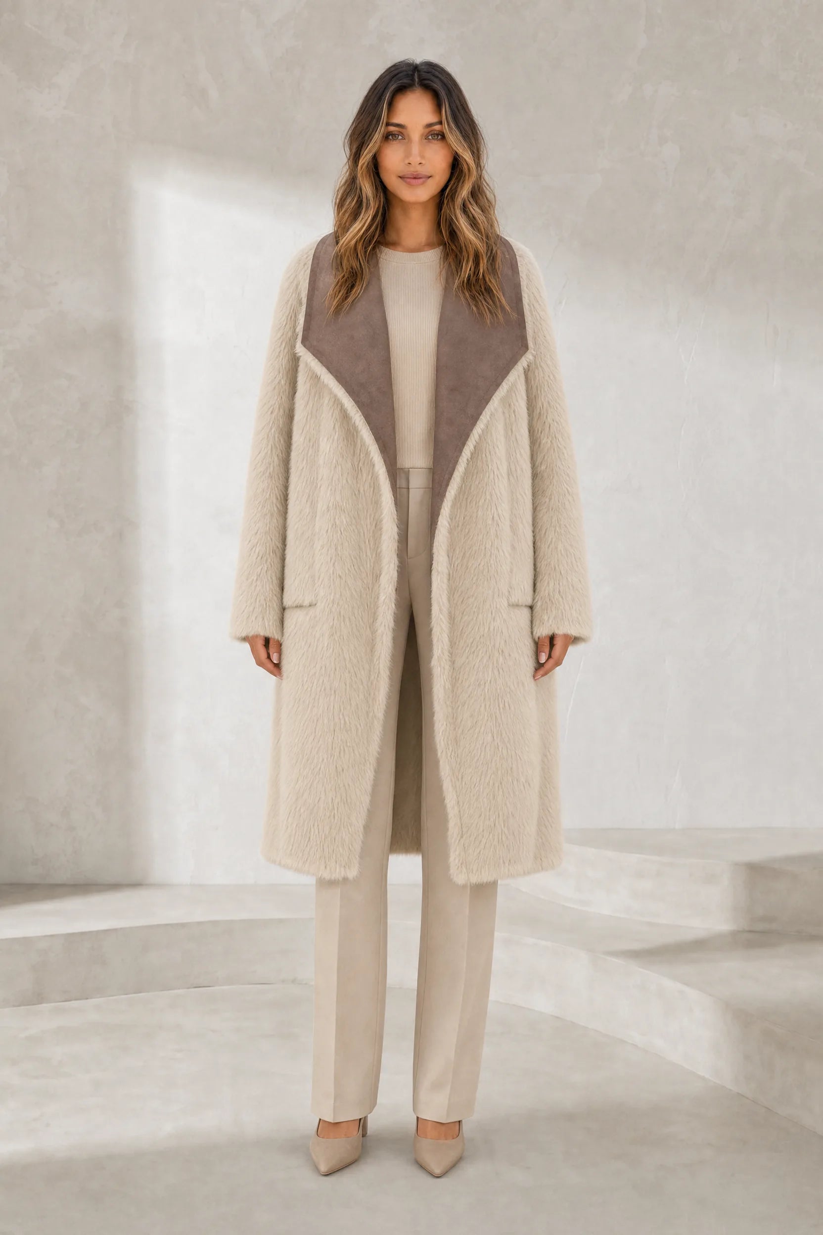 Manteau long réversible col duveteux | Lounelle Paris