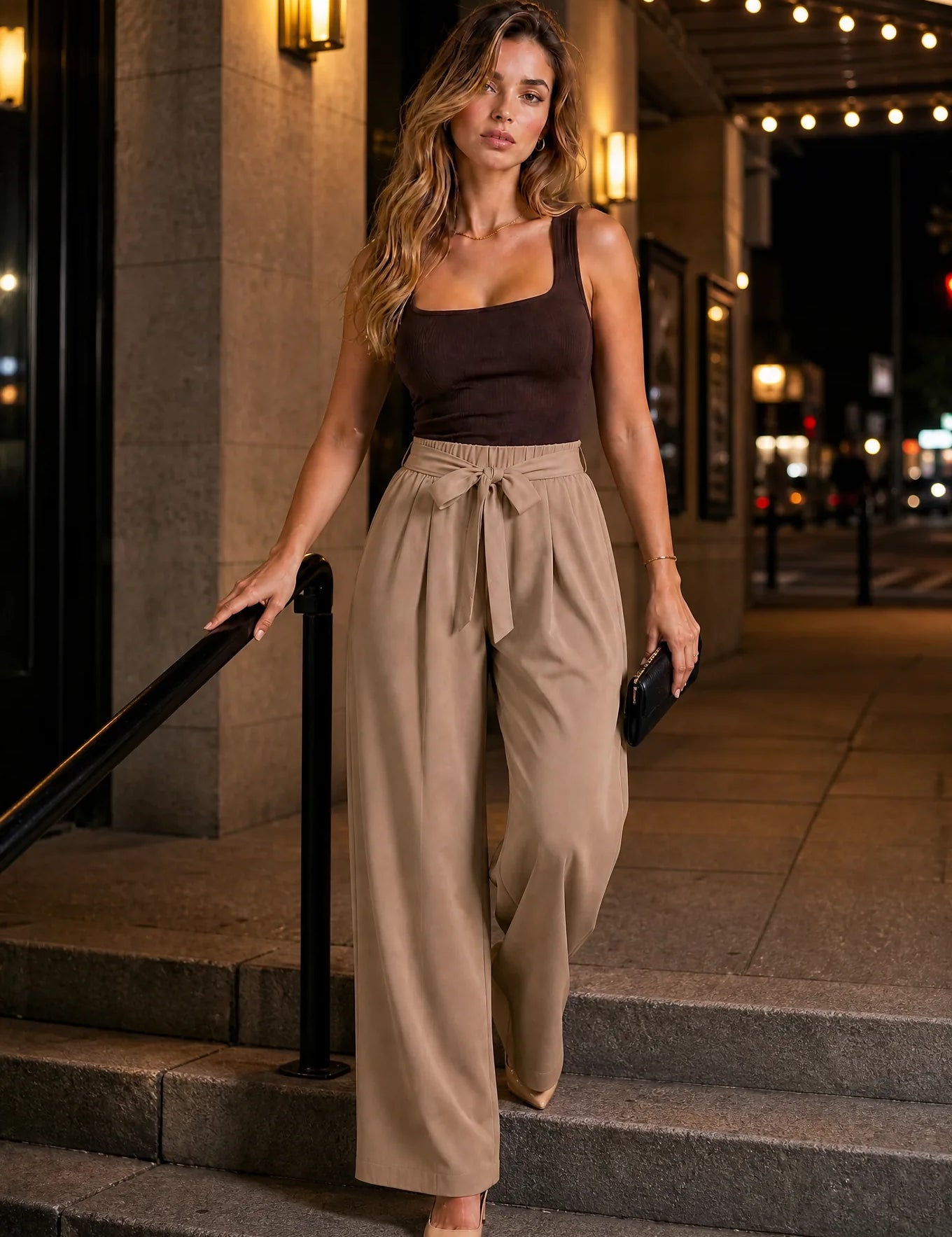 Pantalon large taille haute fendu | Variante Camel - Lifestyle | Lounelle Paris