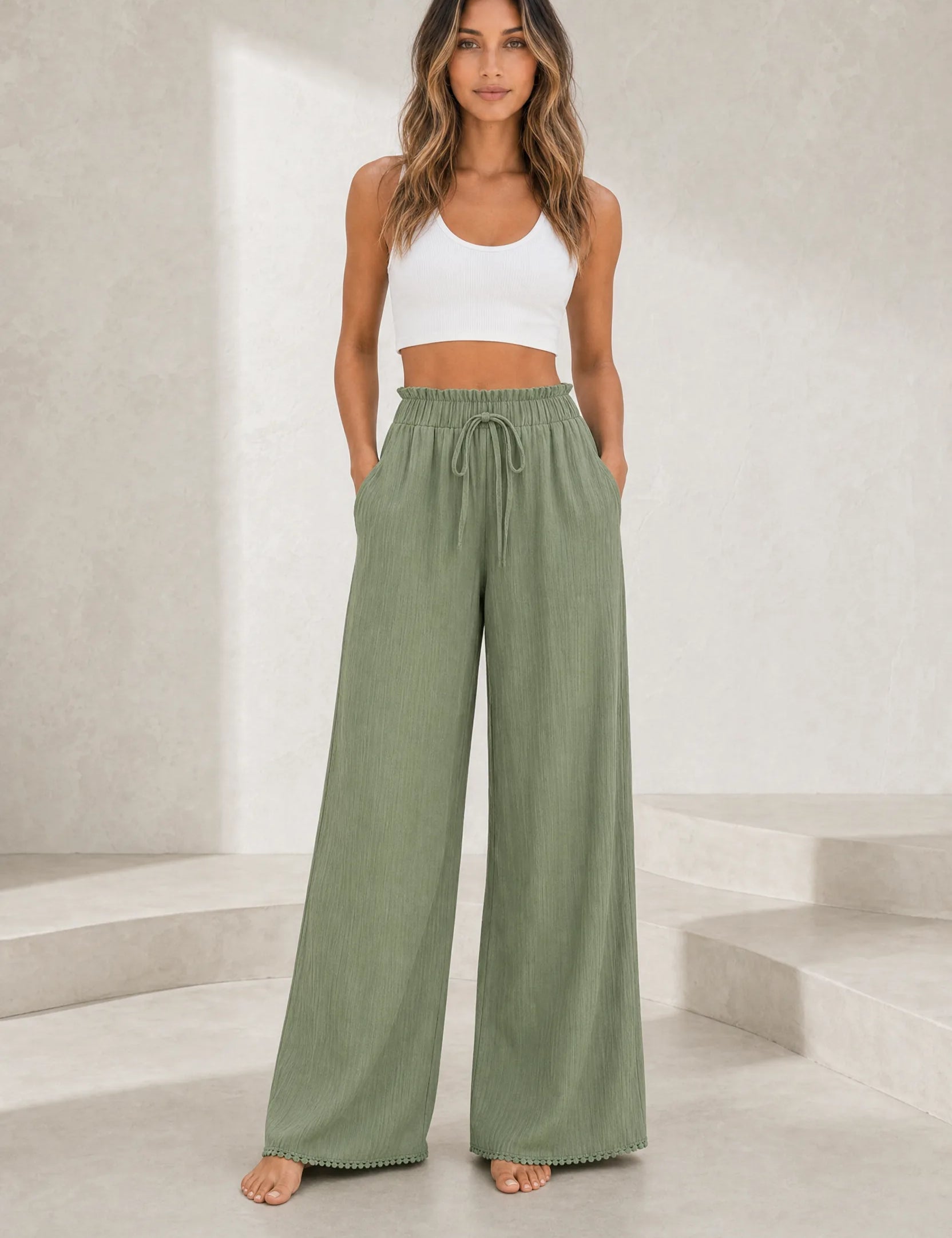 Pantalon large vert taille volantée | Lounelle Paris