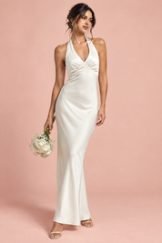 Robe longue blanc cassé à fronces et col V | Vue de face | Lounelle Paris