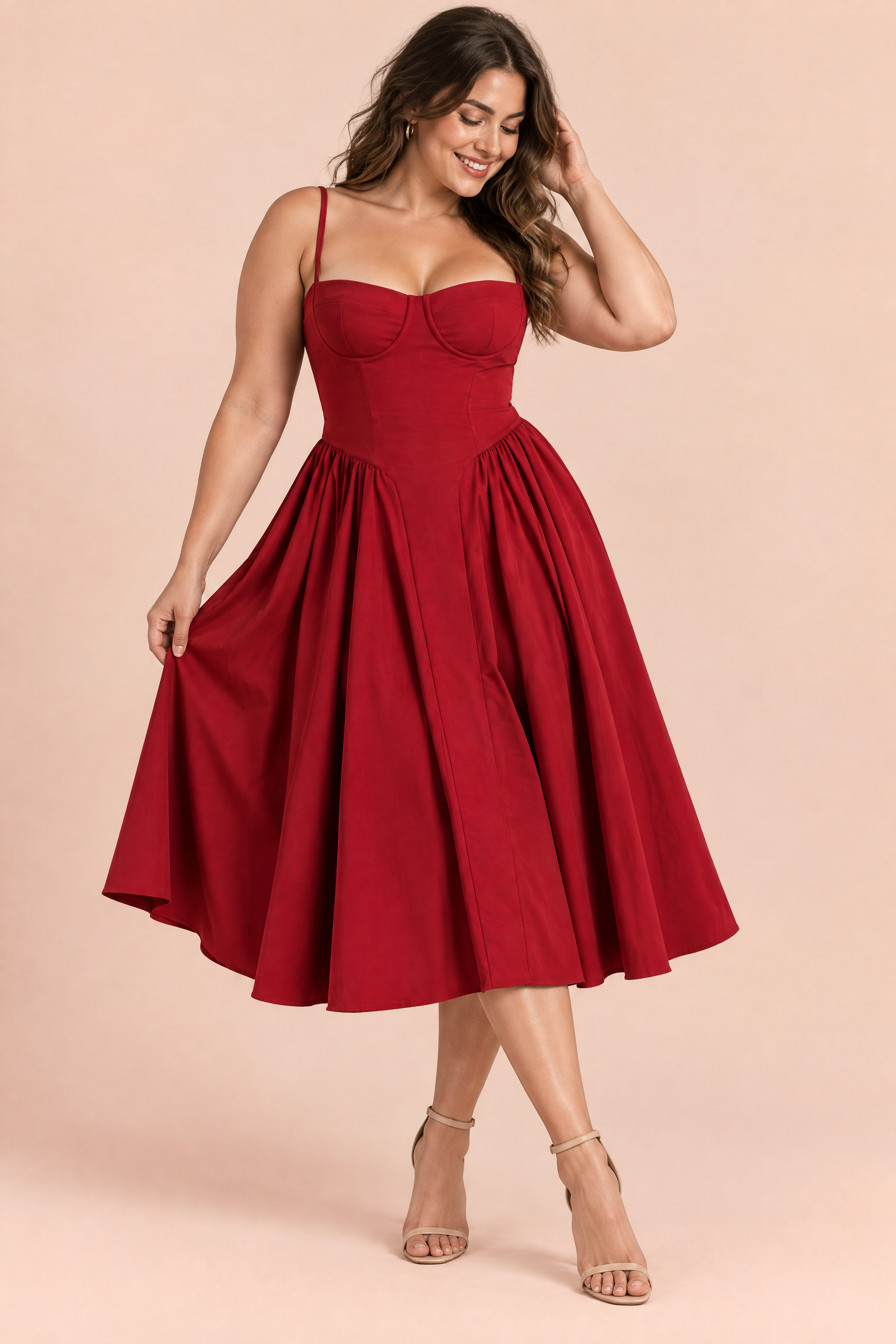 Robe bustier midi rouge | Porté sur une silhouette plus ronde | Lounelle Paris