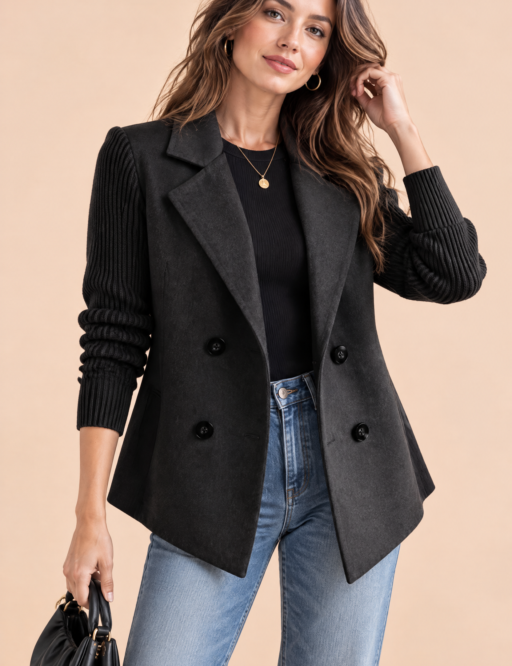 Blazer noir croisé à revers | Vue de face | Lounelle Paris