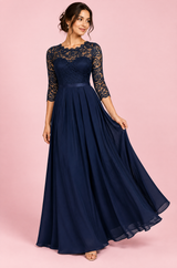 Abito lungo blu navy con inserto in pizzo