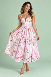 Robe longue rose dos nu à rayures et motifs floraux | Vue de face | Lounelle Paris