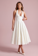 Abito midi jacquard con scollo all’americana bianco sporco