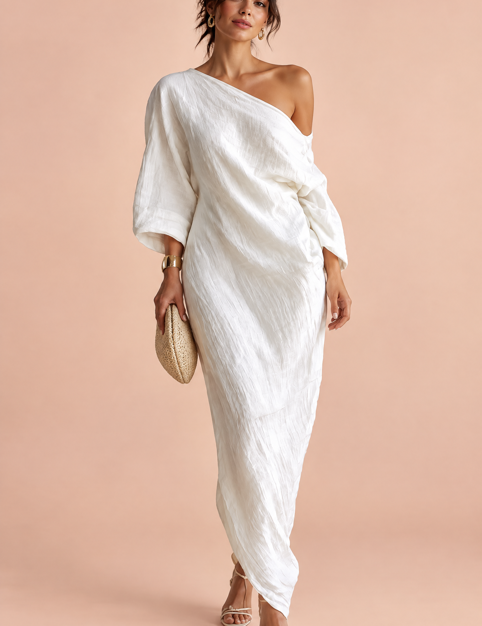 Robe asymétrique blanc cassé à épaule dénudée | Vue de face | Lounelle Paris