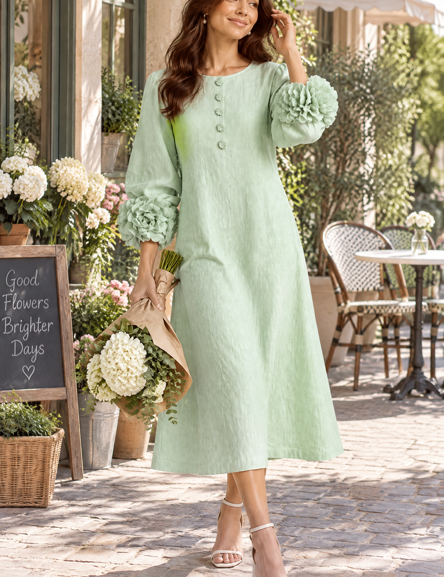 Robe midi vert menthe coupe trapèze à manches bouffantes | Photo lifestyle | Lounelle Paris