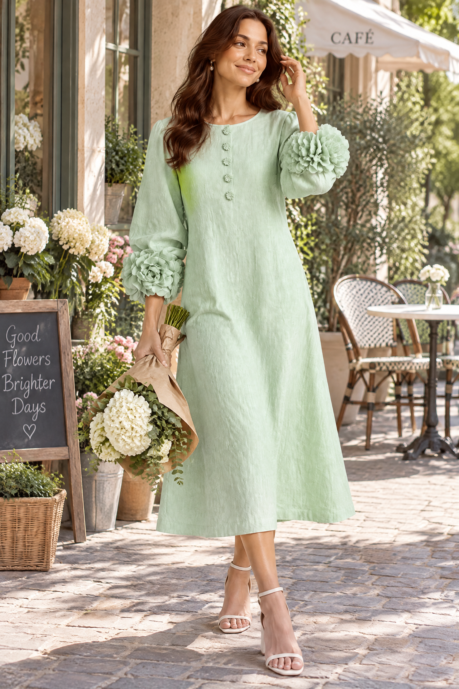 Robe midi vert menthe coupe trapèze à manches bouffantes | Photo lifestyle | Lounelle Paris