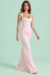 Robe longue rose froncée à encolure carrée | Vue en mouvement | Lounelle Paris