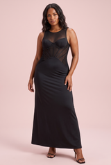 Abito bustier nero con inserti in tulle