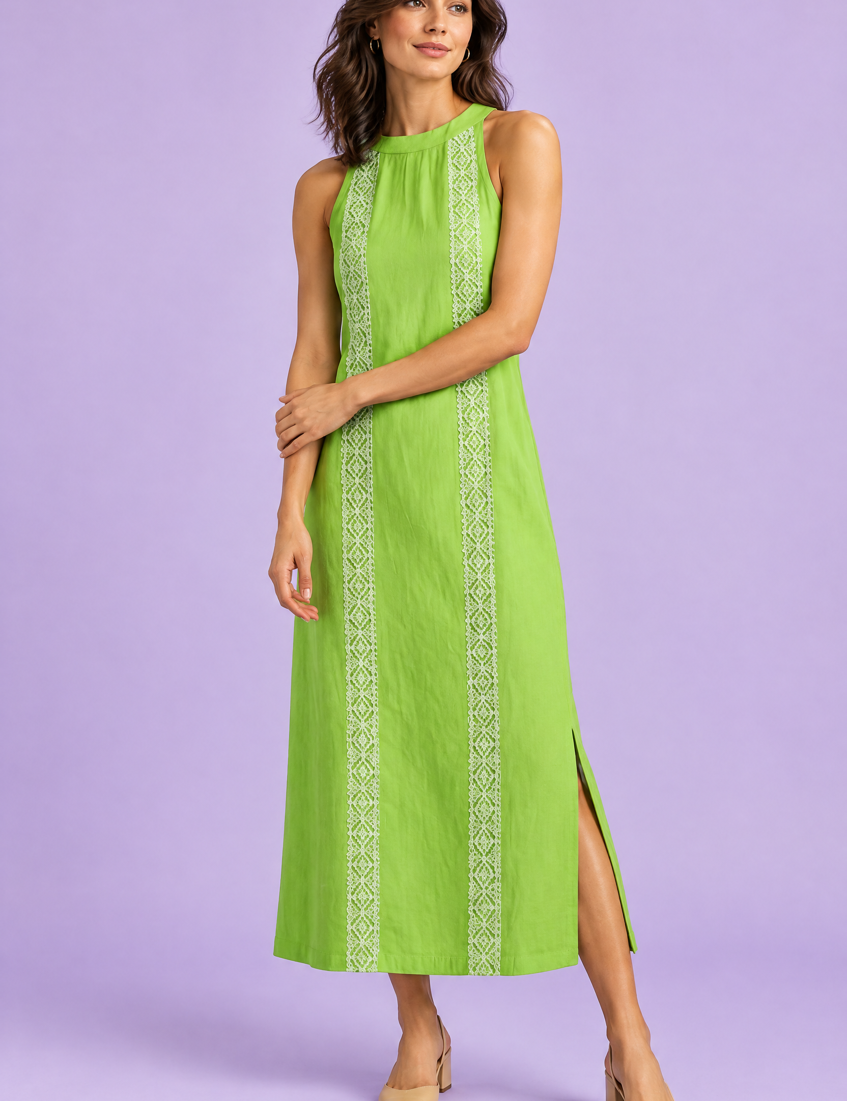 Robe midi verte plissée sans manches à fente | Vue de face | Lounelle Paris