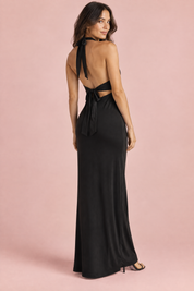 Robe longue noire à fronces et col V | Vue de dos | Lounelle Paris