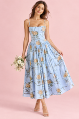 Abito lungo blu con corsetto