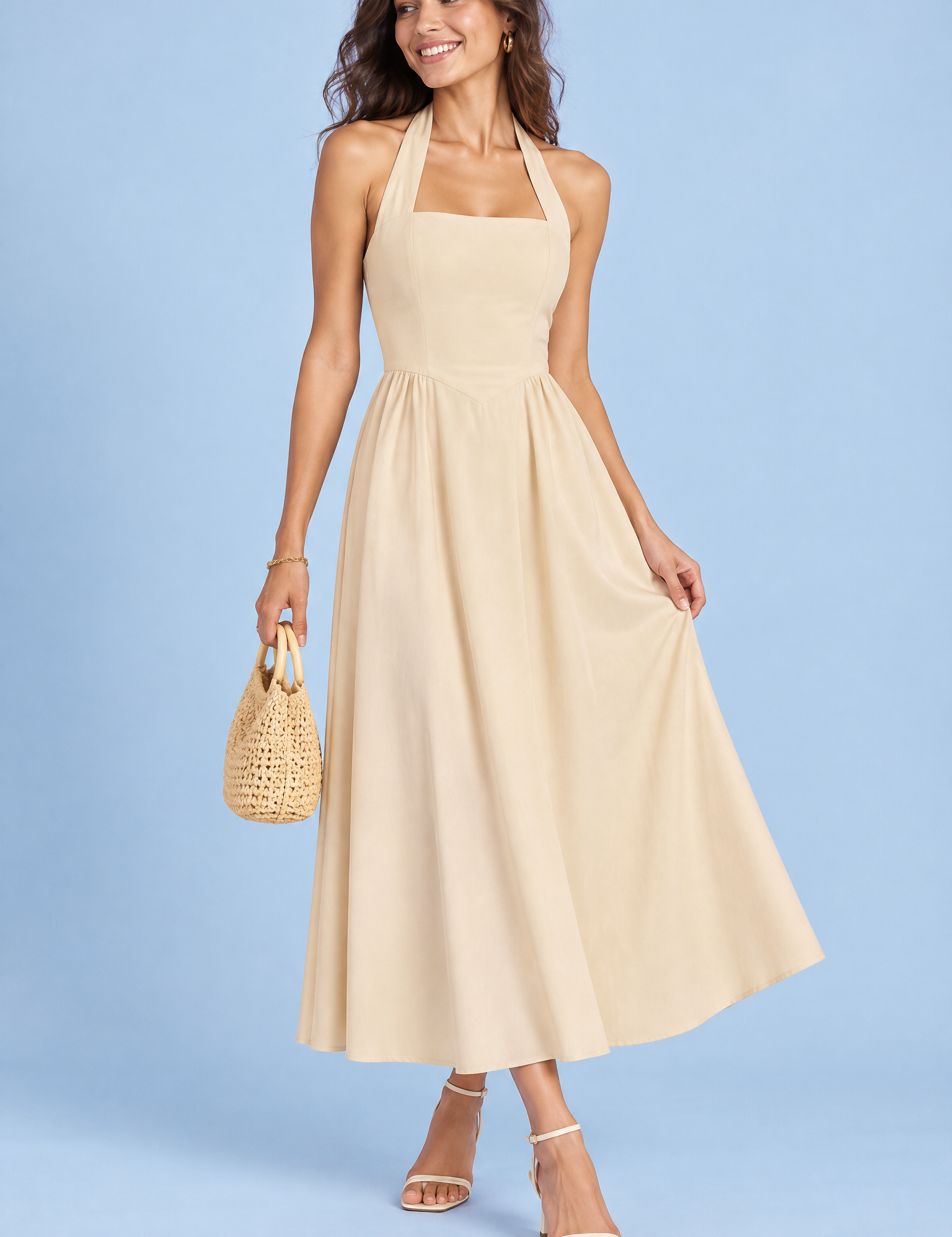 Robe midi patineuse beige à encolure américaine | Vue de face | Lounelle Paris