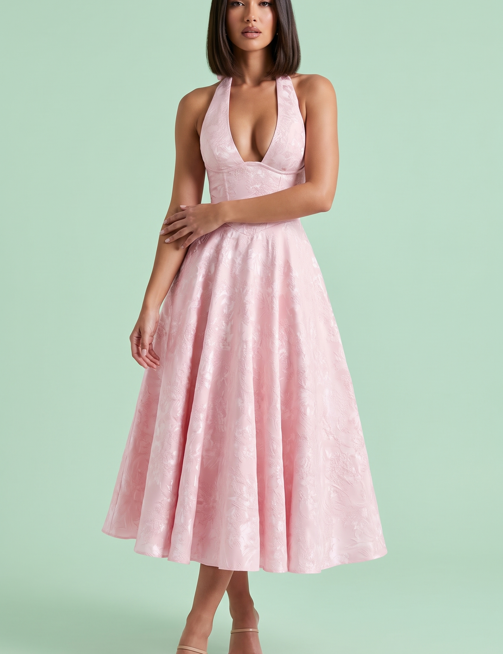Robe midi jacquard à encolure dos nu rose | Vue de face | Lounelle Paris