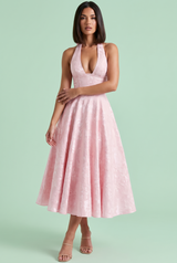 Abito midi jacquard con scollo all’americana rosa
