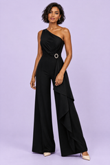 Tuta pantalone nera asimmetrica con cintura