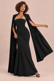 Robe longue noire à encolure carrée et manches cape | Vue en mouvement | Lounelle Paris