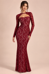 Abito lungo in pizzo bordeaux con scollo a cuore