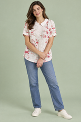T-shirt bianco sporco con stampa floreale e colletto