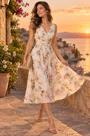 Robe midi verte à imprimé de bouquets floraux, col carré et coupe trapèze | Deuxième photo lifestyle | Lounelle Paris