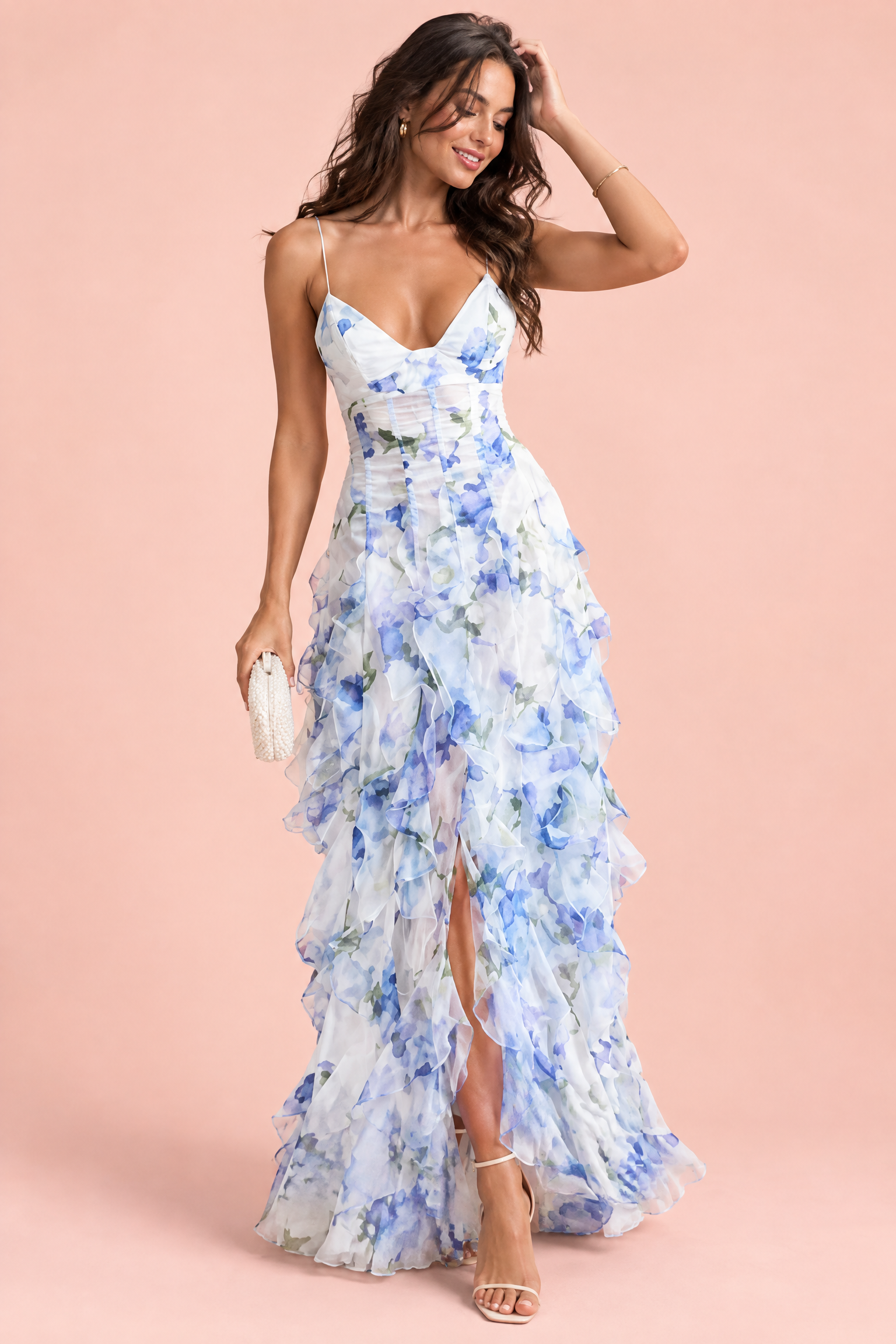 Robe longue bleue asymétrique à manches cape et imprimé lys | Vue de face | Lounelle Paris
