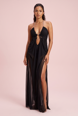 Abito lungo nero asimmetrico con cut-out